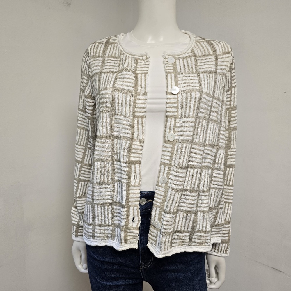 Habitat Clothes to Live In Cardigan Size M Softly Stamped Geometric Tan White